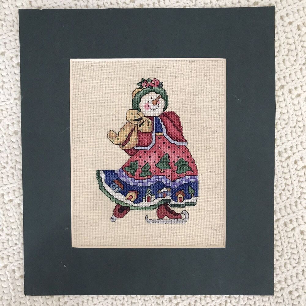Vtg Finished Counted Cross Stitch “Iceskating Snow Woman” Matted